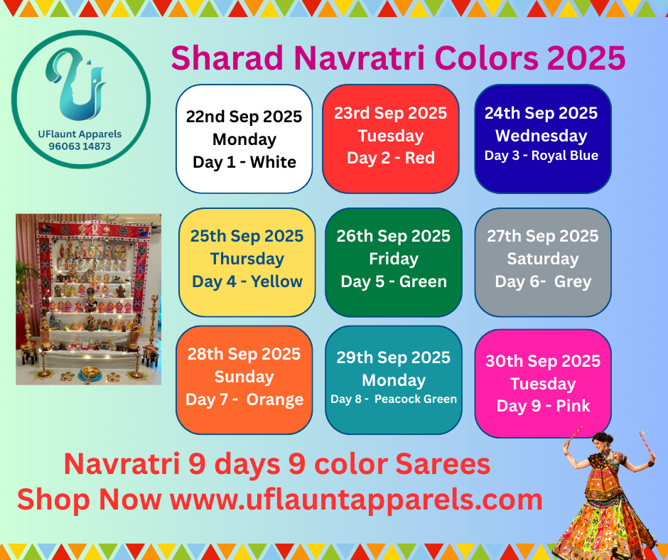 Sharad Navratri Colors 2025 with color schedule from Uflaunt Apparels. Shop 9 days 9 color sarees Online and Flaunt this Navratri with Pride and tradition.