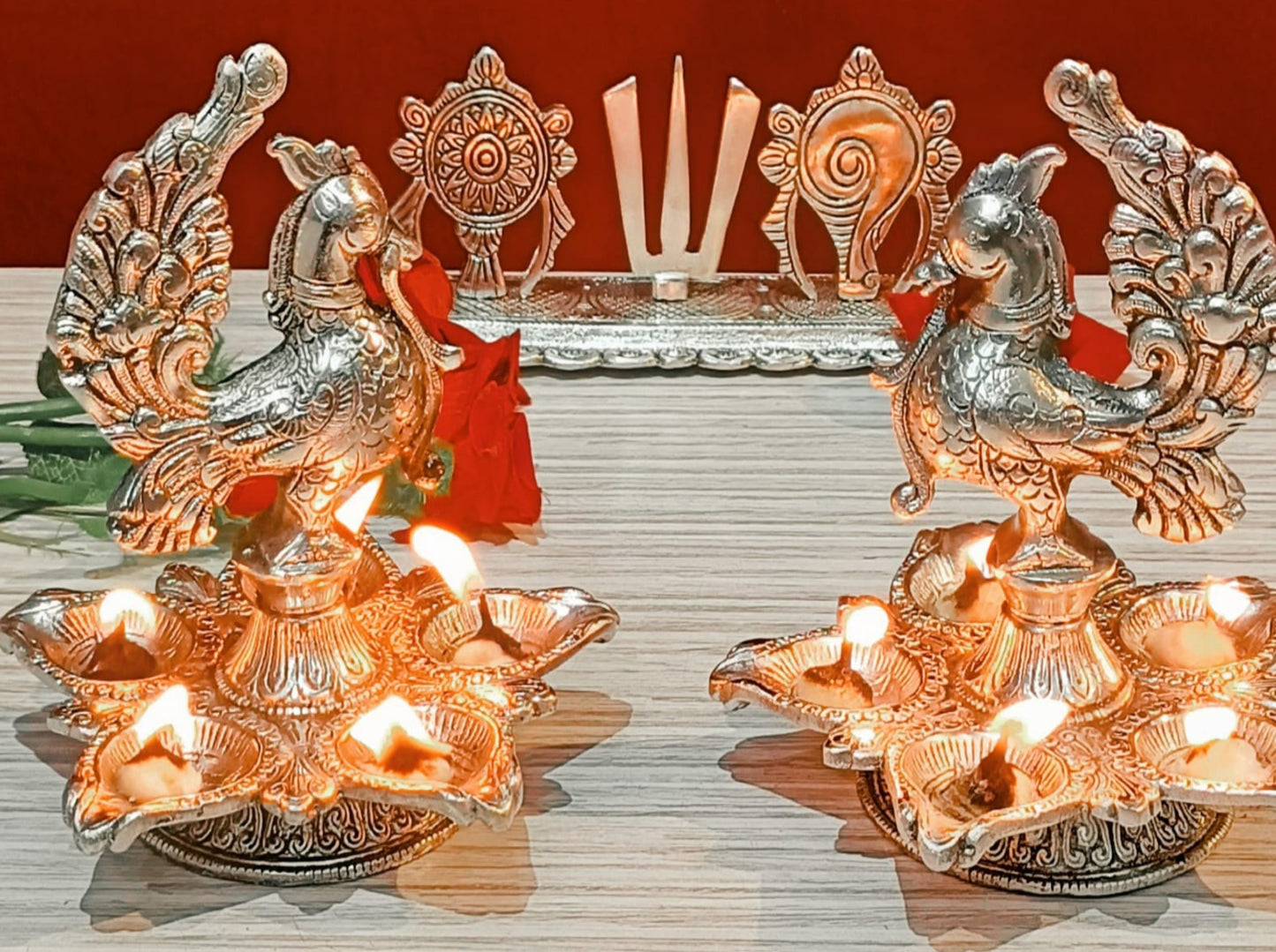 German Silver Antique Finish Peacock Panchmukhi Diya Pair