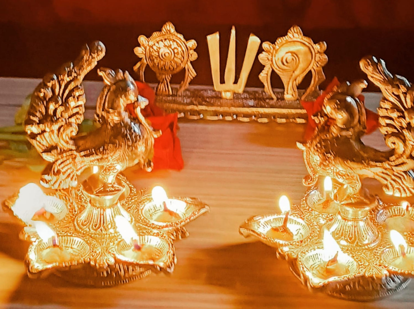 German Silver Antique Finish Peacock Panchmukhi Diya Pair