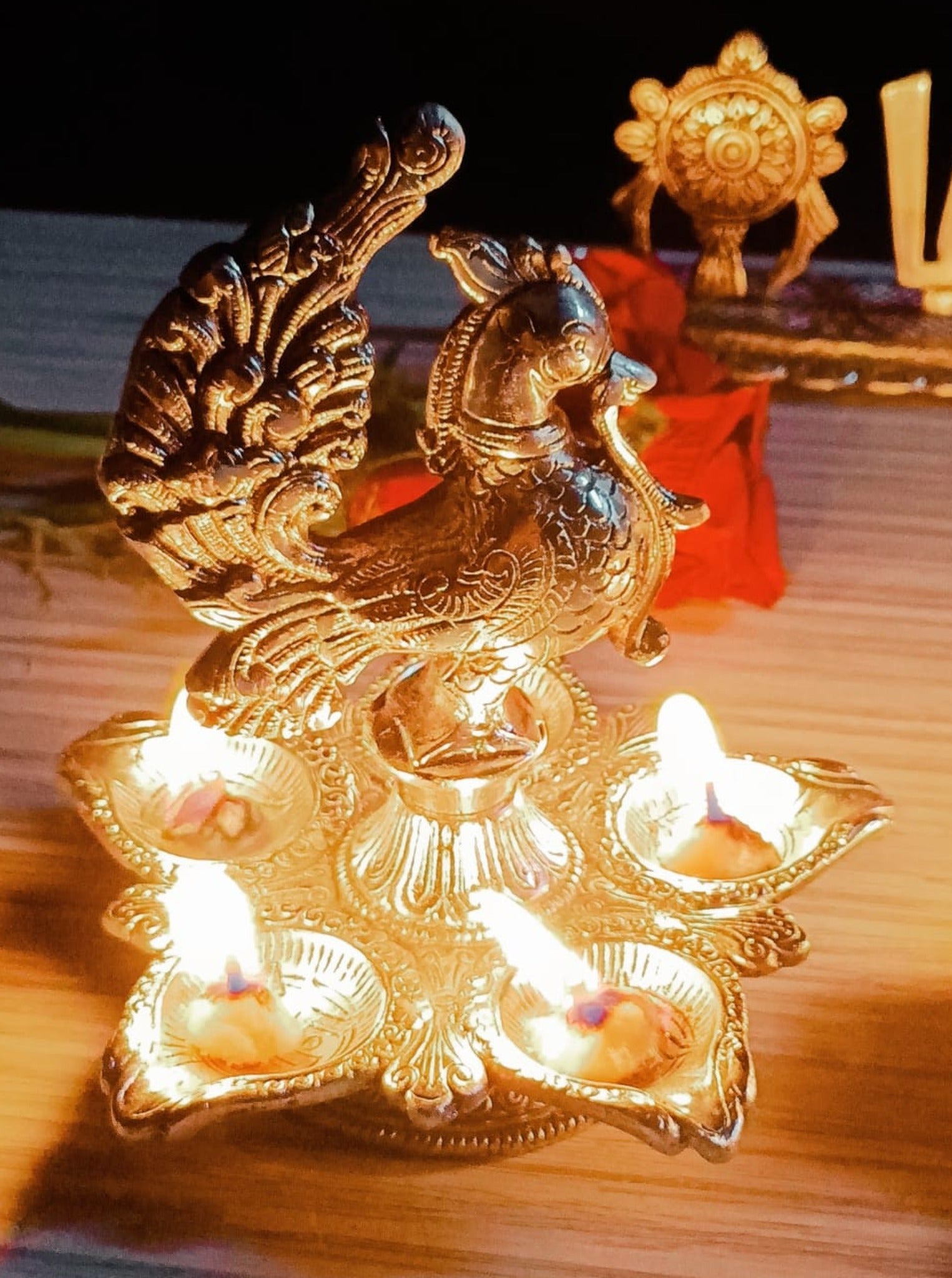 German Silver Antique Finish Peacock Panchmukhi Diya Pair