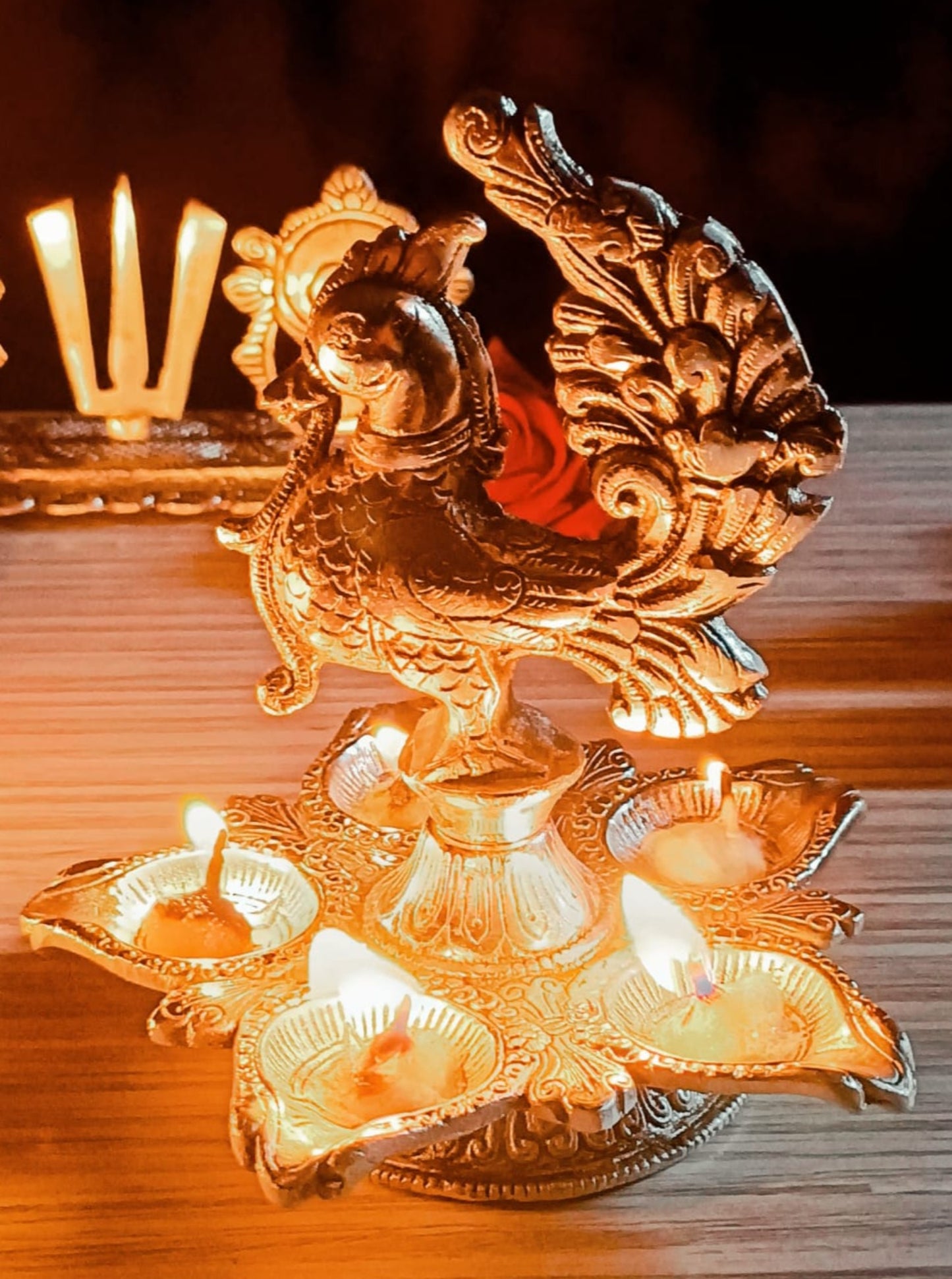 German Silver Antique Finish Peacock Panchmukhi Diya Pair