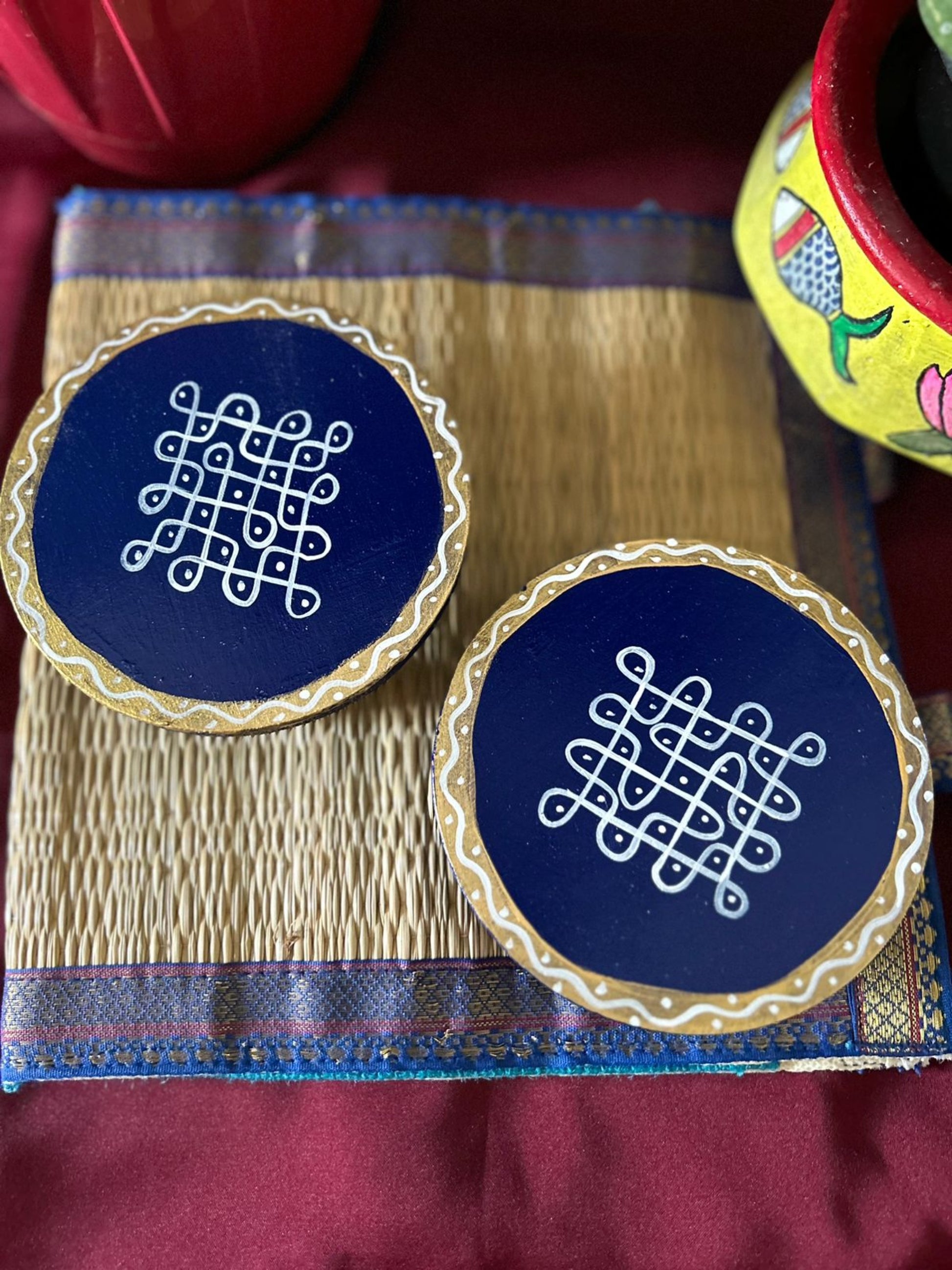 Circular Hand Painted Pooja Manai | Wooden stool