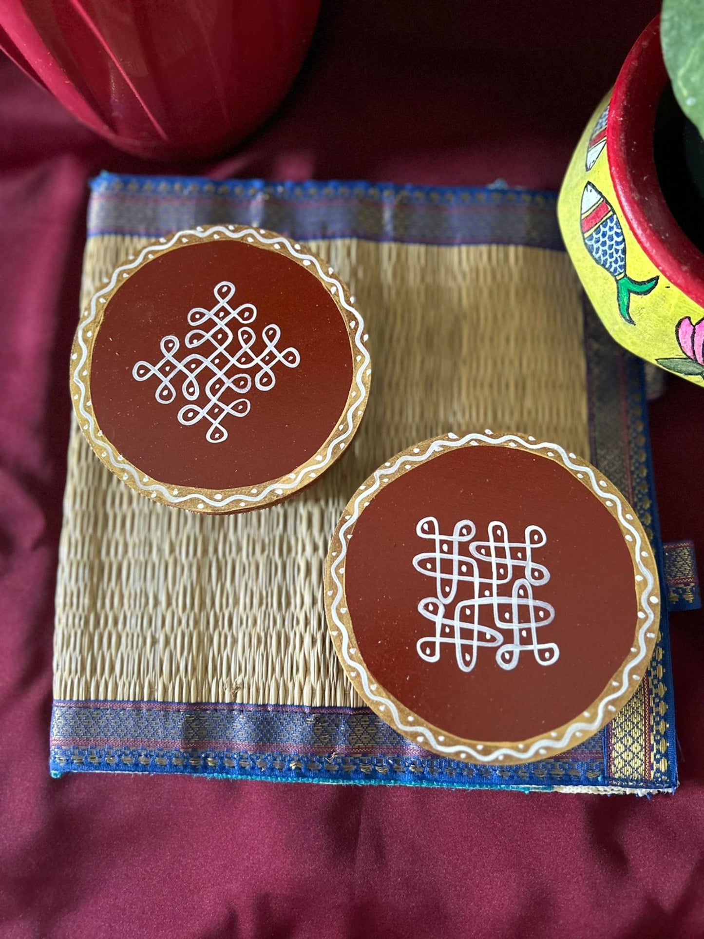 Circular Hand Painted Pooja Manai | Wooden stool
