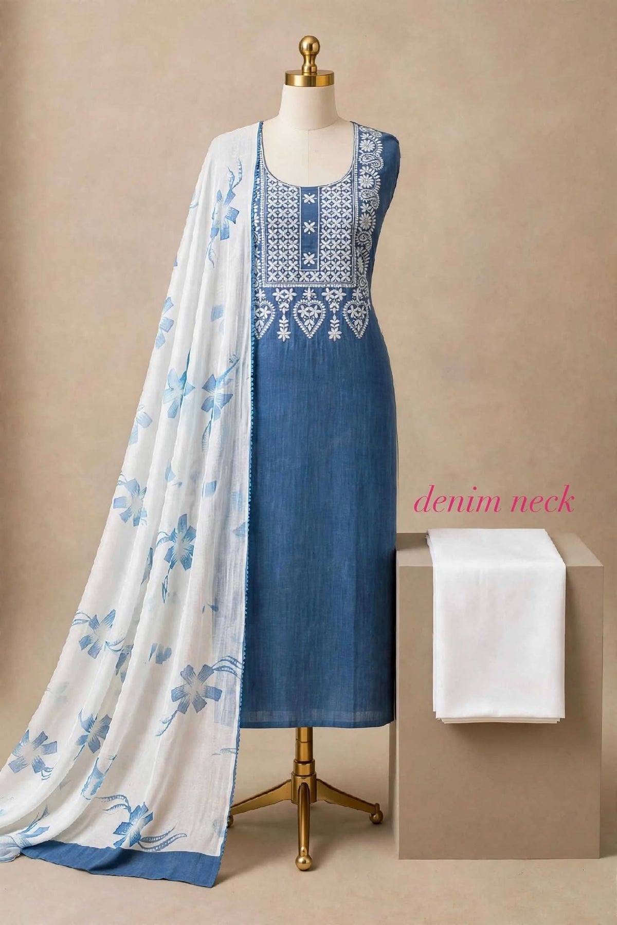 Denim Cotton Neck Embroidery Dress Material with Chiffon Dupatta Baras Print - For Daily, Office & Summer Wear