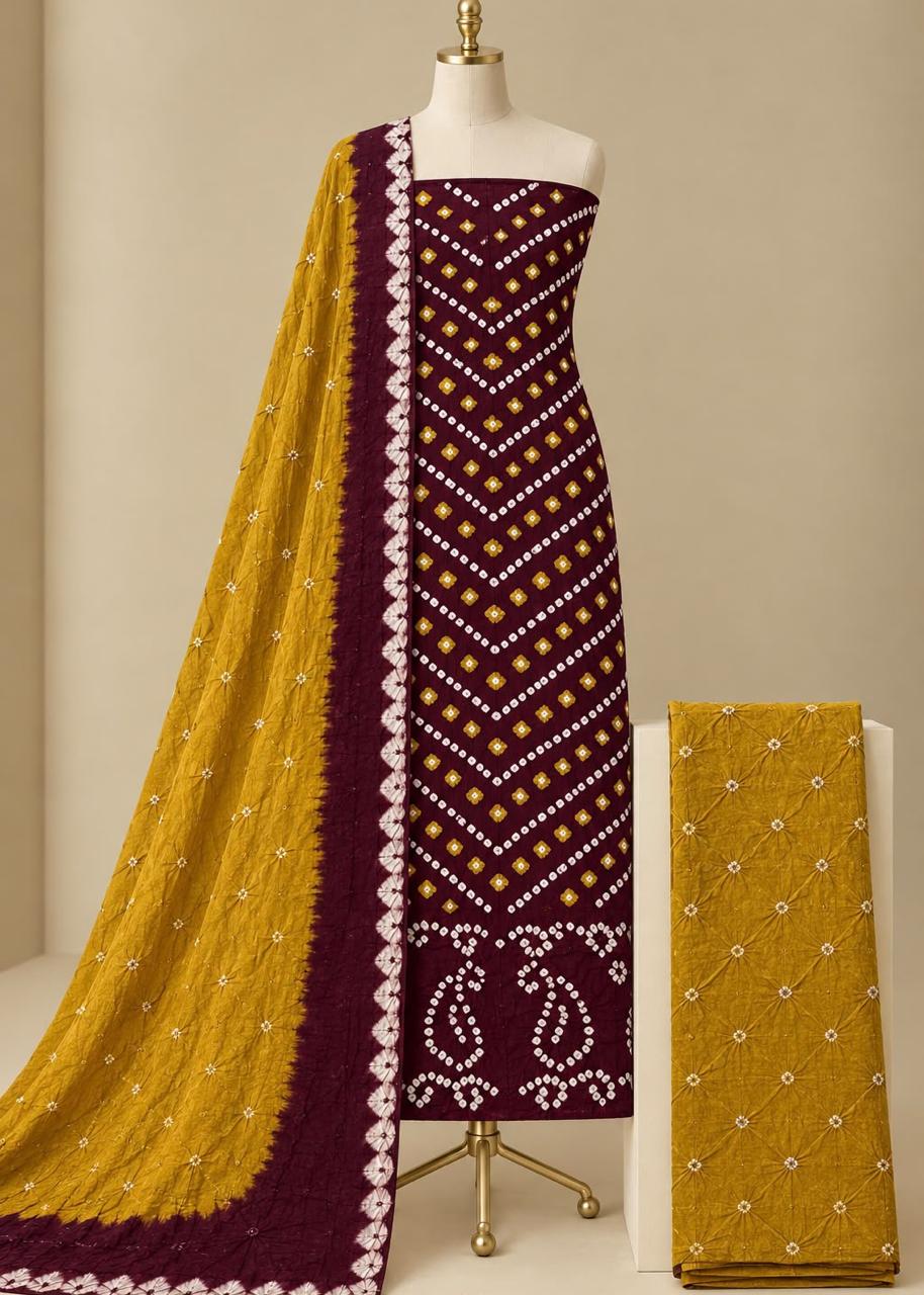 Pure Cotton Hand Bandhani Dress Material - Handmade Bandhej Bandhani Work - Soft Breathable Cotton Dress Material - For Summer, Office & Daily Wear - Unstitched Salwar Suit