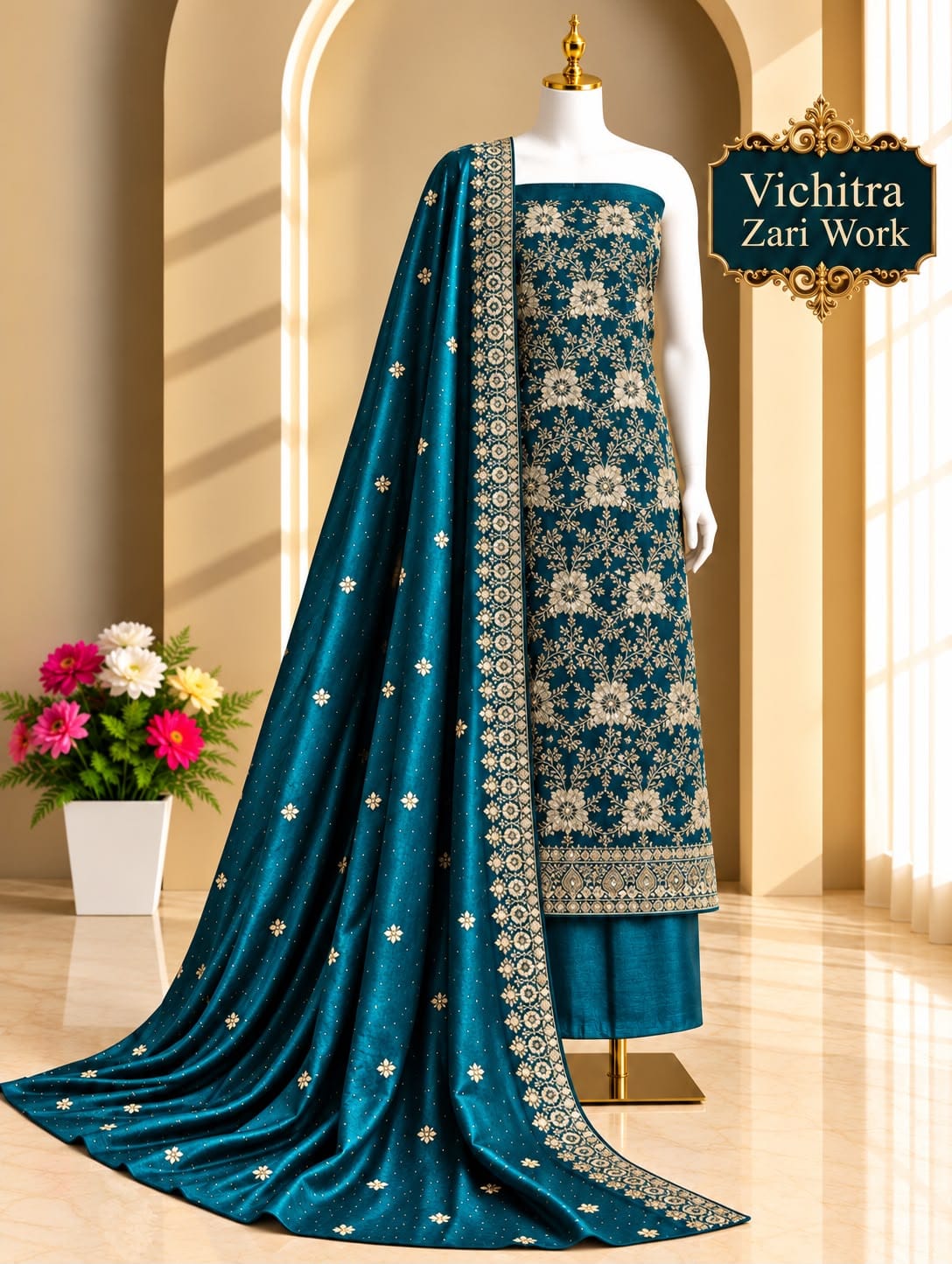 Premium Roman Silk Suit Materials - Designer Embroidered Dress Materials - Party Wear Salwar Suit Material - For Festive & Wedding Wear