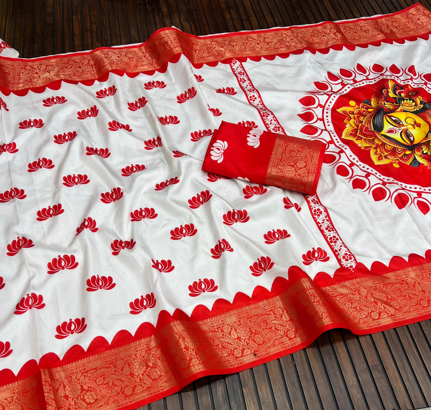 Durga Puja Themed Litchi Silk Sarees