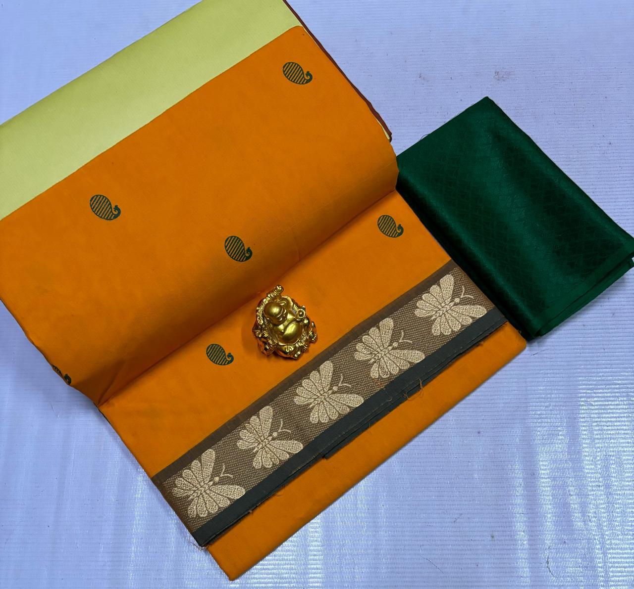 Chettinad Poly Cotton sarees with Kalamkari Blouse bit
