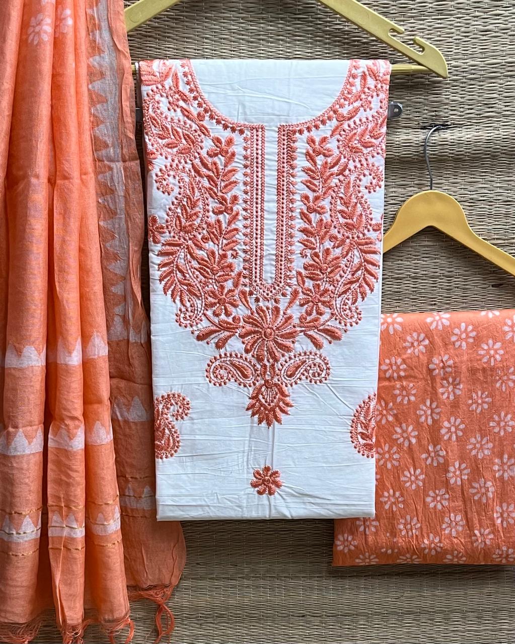 Cotton Silk Lucknowi Dress Materials