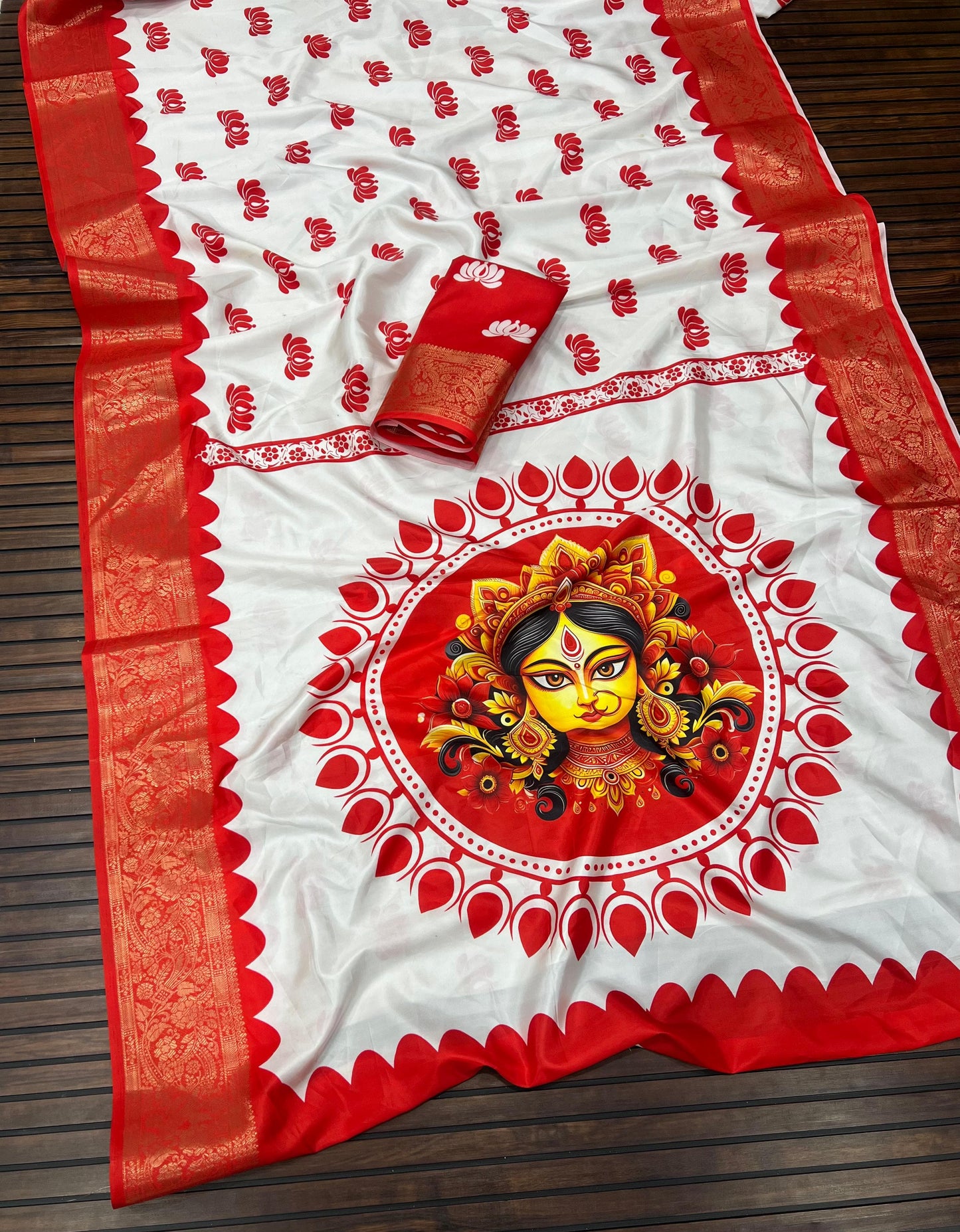 Durga Puja Themed Litchi Silk Sarees