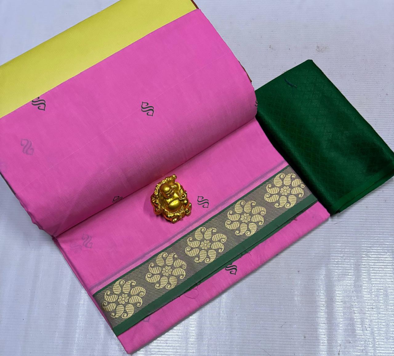 Chettinad Poly Cotton sarees with Kalamkari Blouse bit