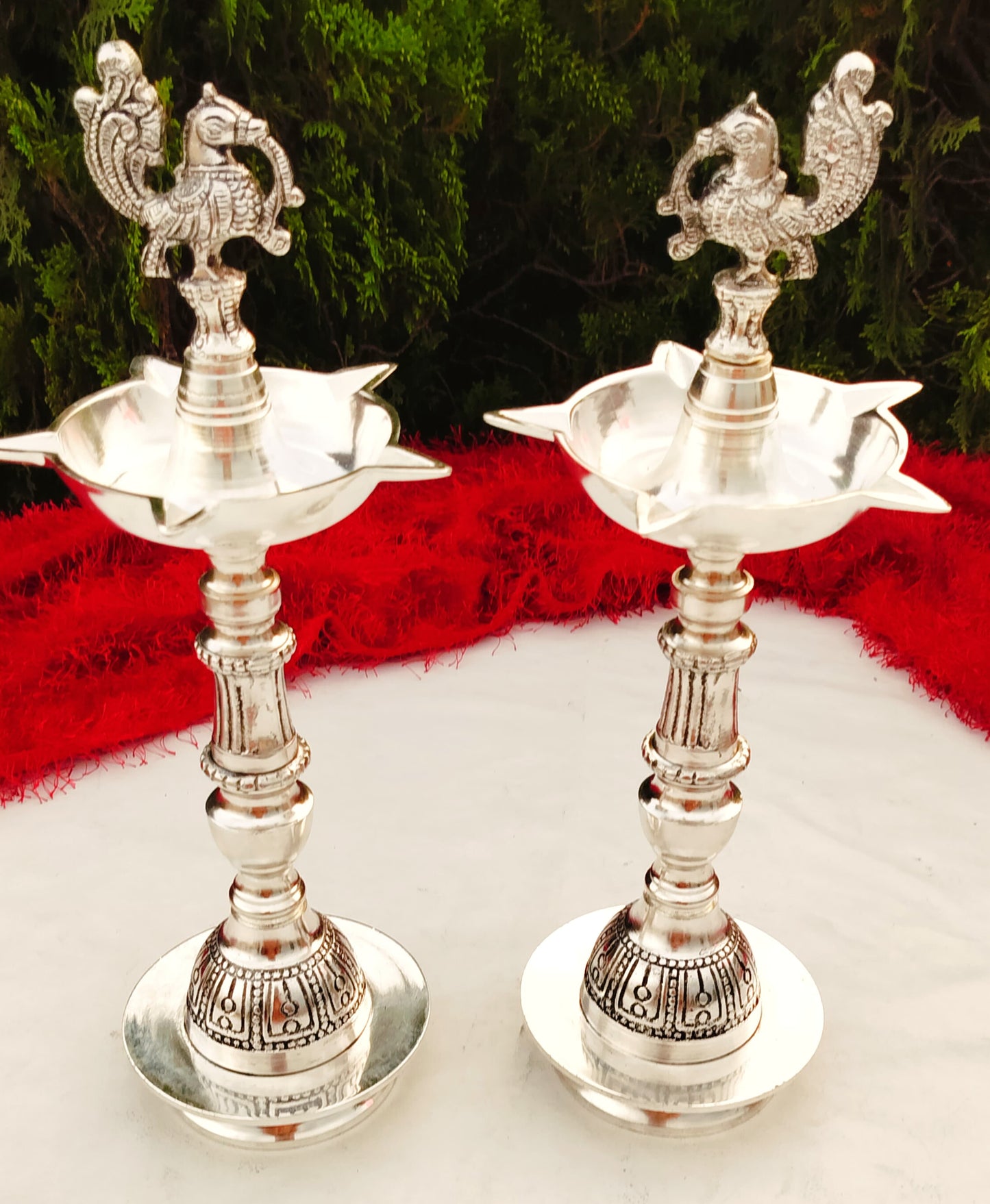 German Silver Peacock Diya Pair