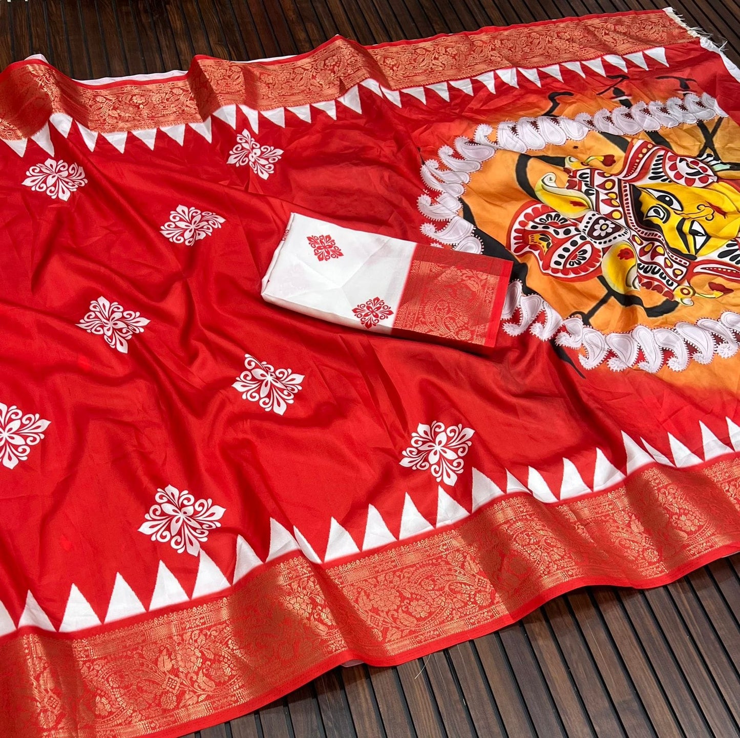 Durga Puja Themed Litchi Silk Sarees