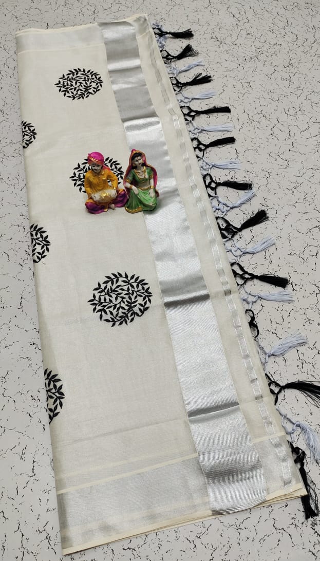 Kerala Saree with Embroidery in Silver Zari
