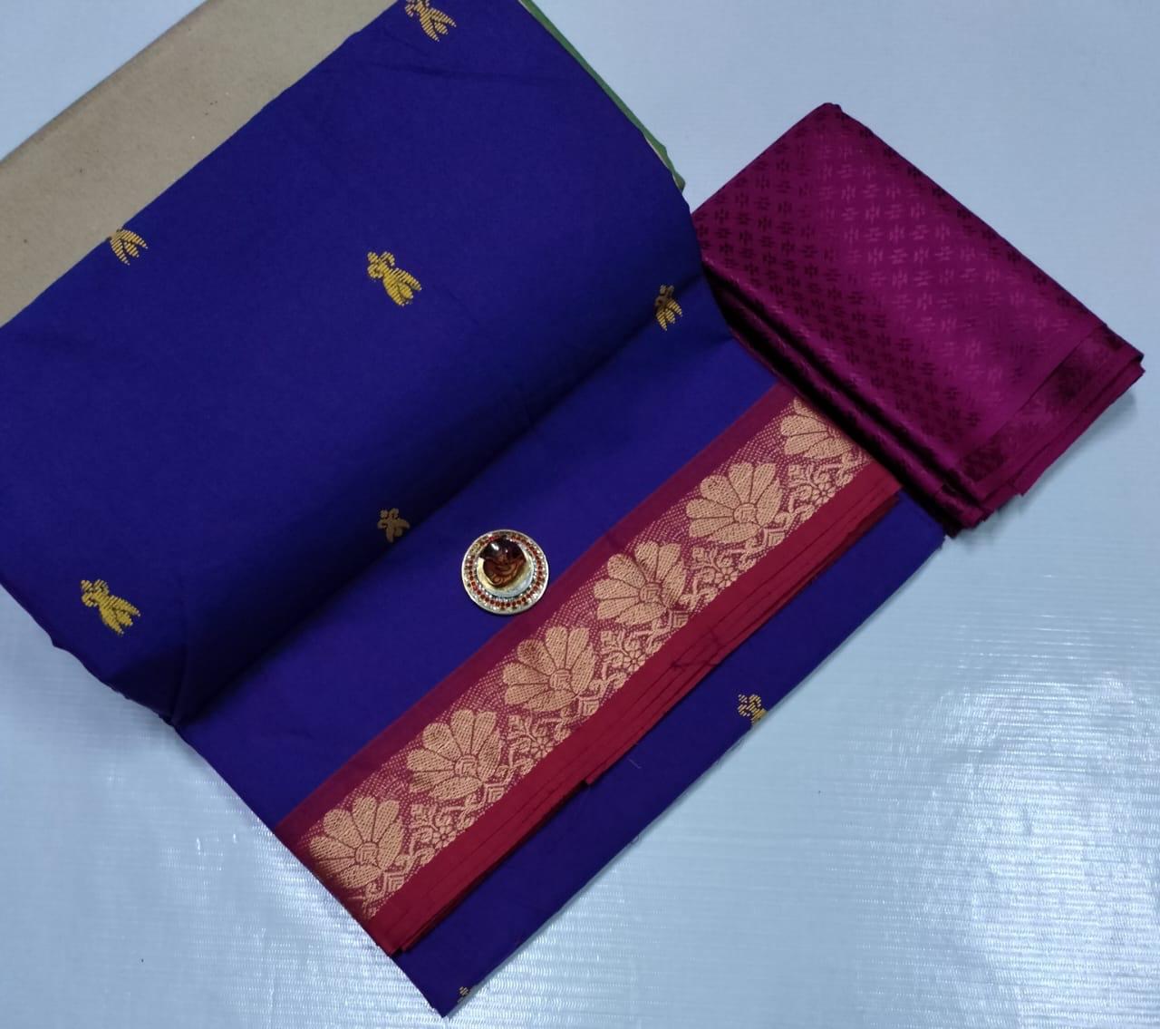 Chettinad Poly Cotton sarees with Kalamkari Blouse bit