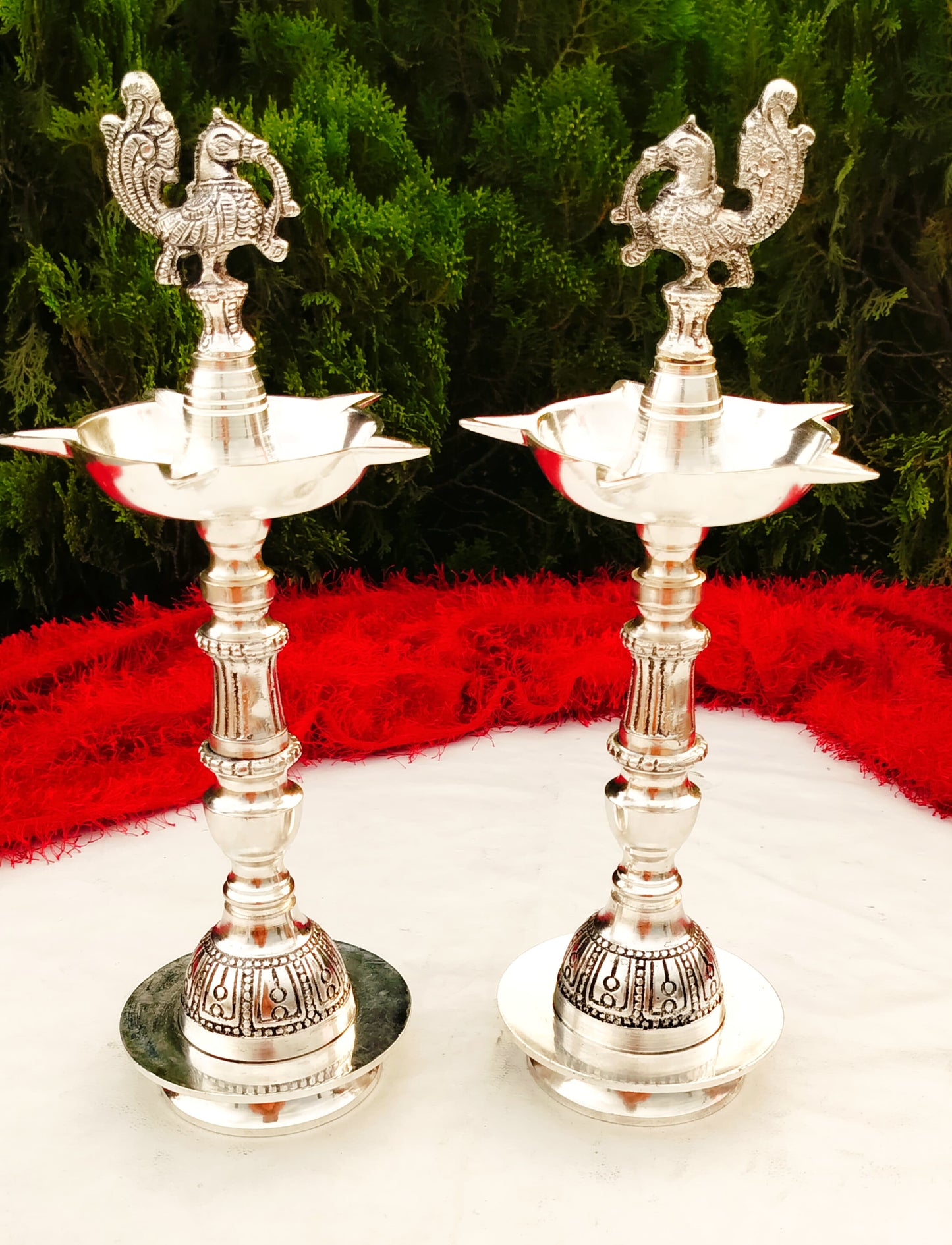 German Silver Peacock Diya Pair