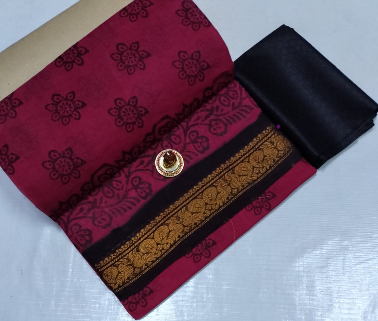 Chettinad Poly Cotton sarees with Kalamkari Blouse bit