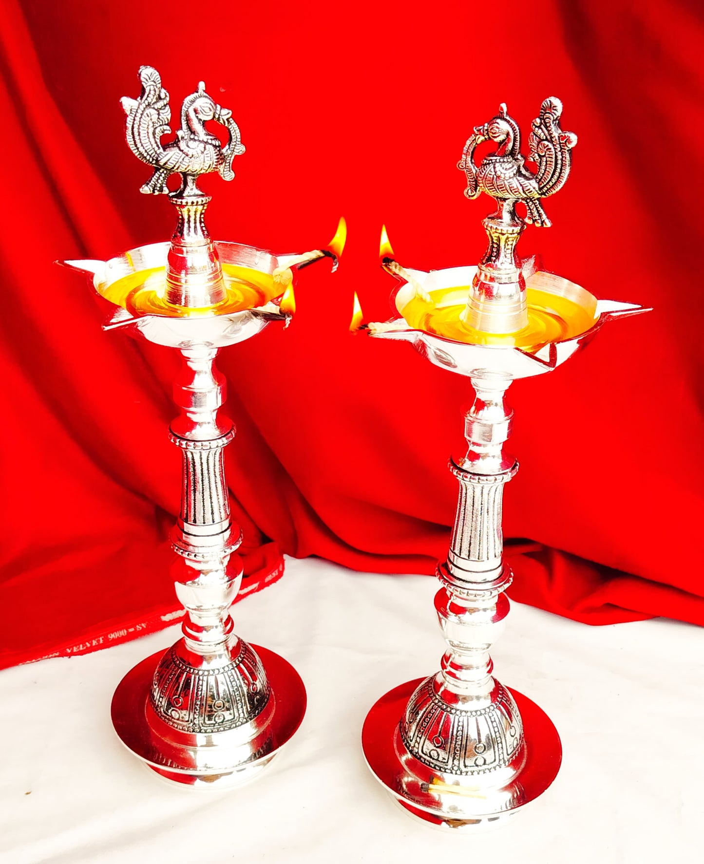 German Silver Peacock Diya Pair