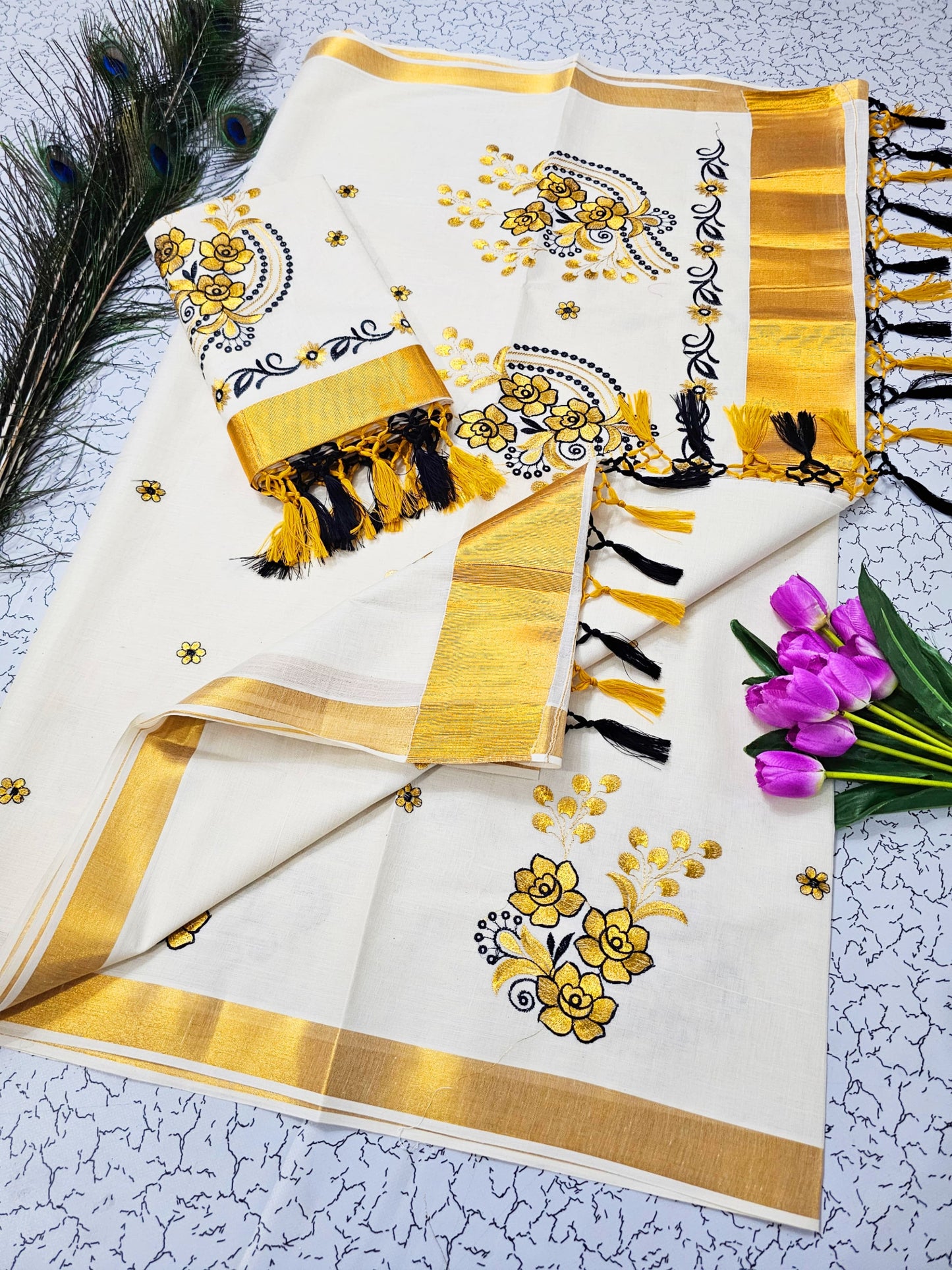 Kerala Saree with Embroidery in
Golden Zari