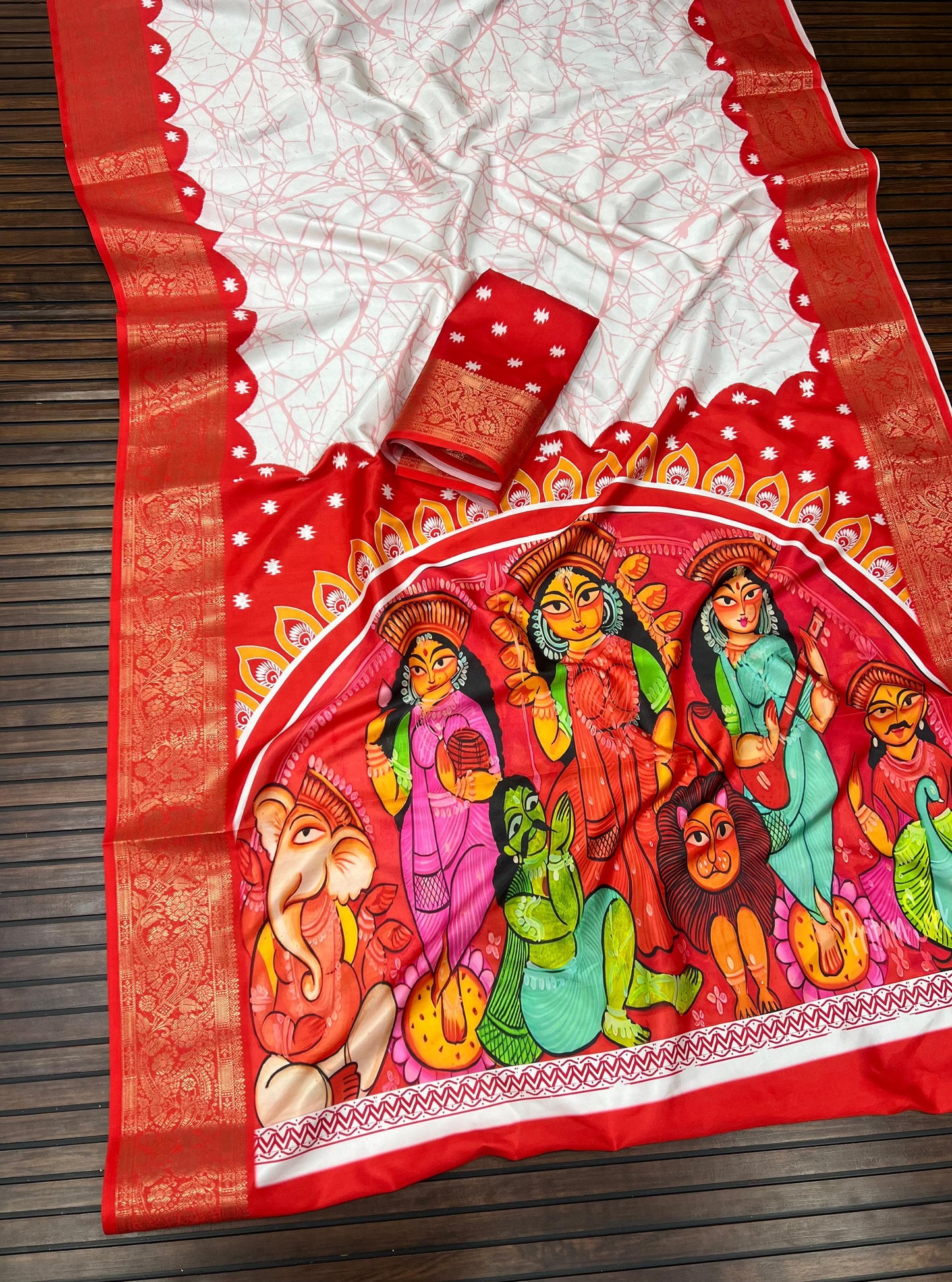 Durga Puja Themed Litchi Silk Sarees