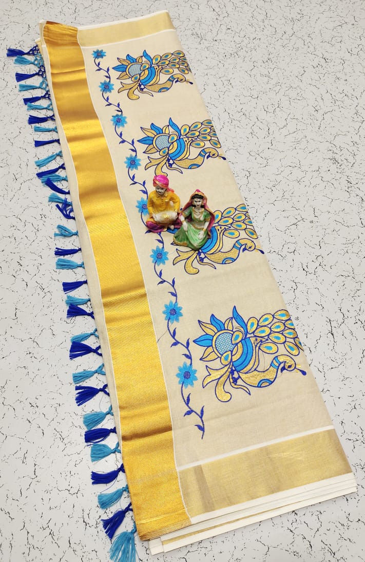 Kerala Saree with Embroidery in
Golden Zari