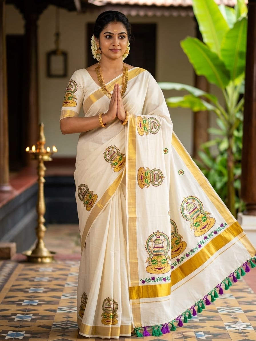Kerala Saree with Embroidery in 
Golden Zari
