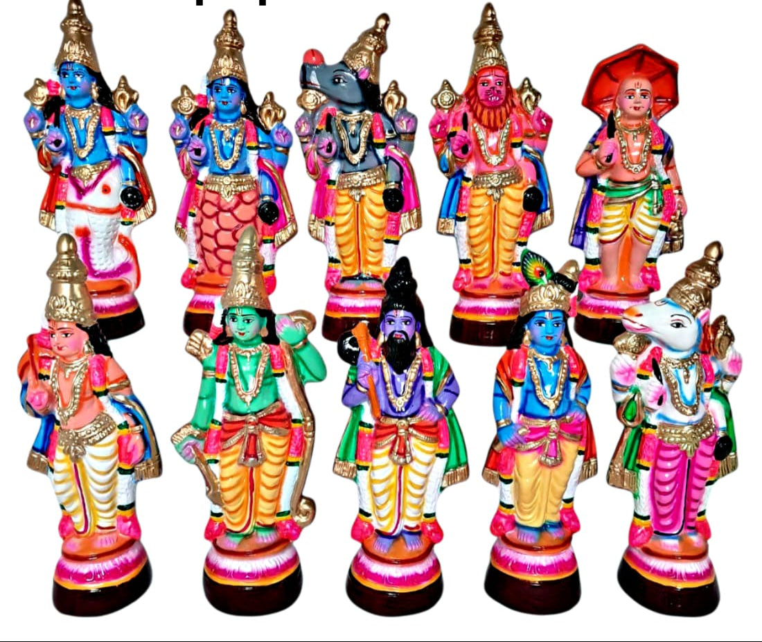 Dasavathara Golu Dolls depicting 10 avataras of Lord Vishnu. Colourful and handcrafted in  PaperMache