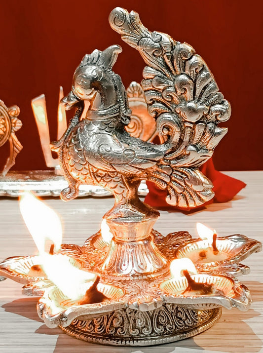 German Silver Antique Finish Peacock Panchmukhi Diya Pair