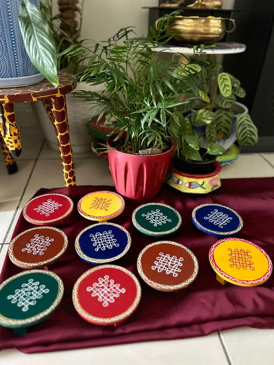 Circular Hand Painted Pooja Manai  | Wooden stool