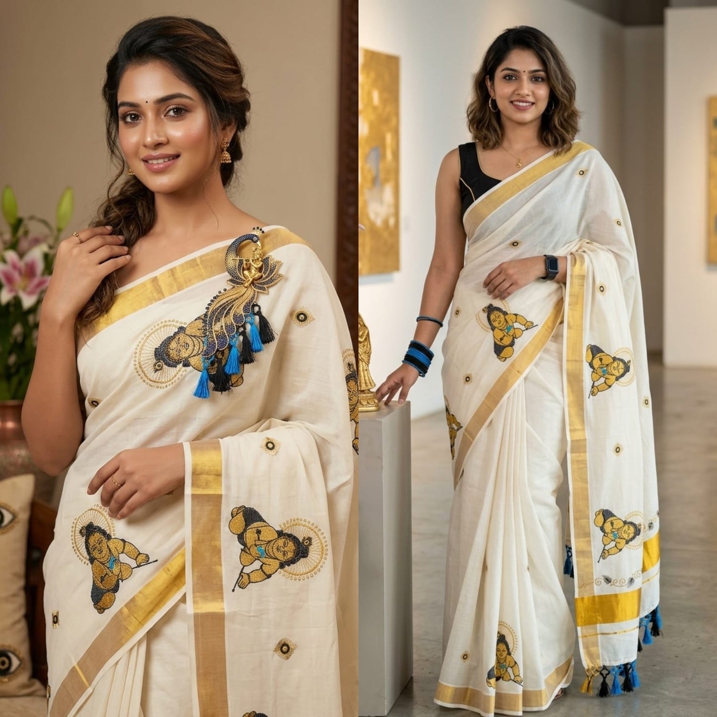 Kerala Saree with Embroidery in 
Golden Zari