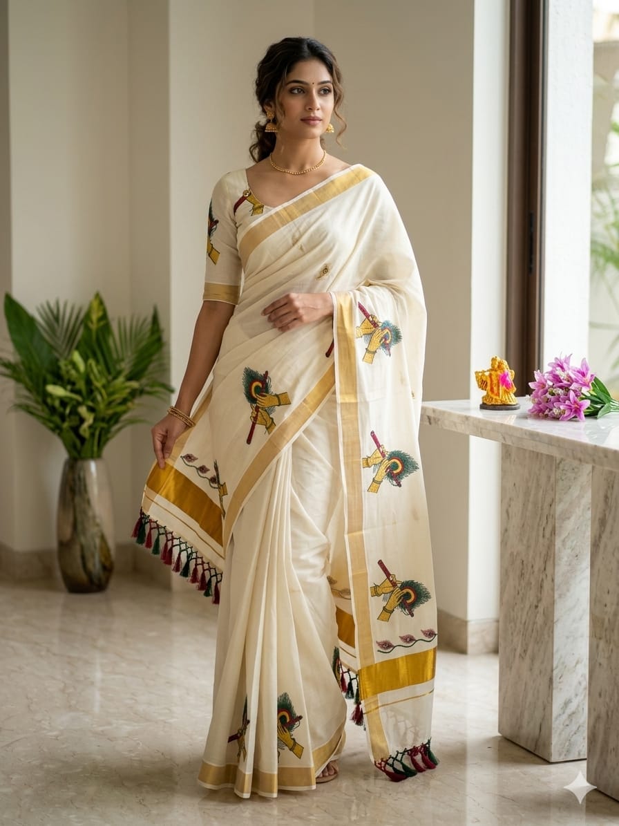 Kerala Saree with Embroidery in 
Golden Zari