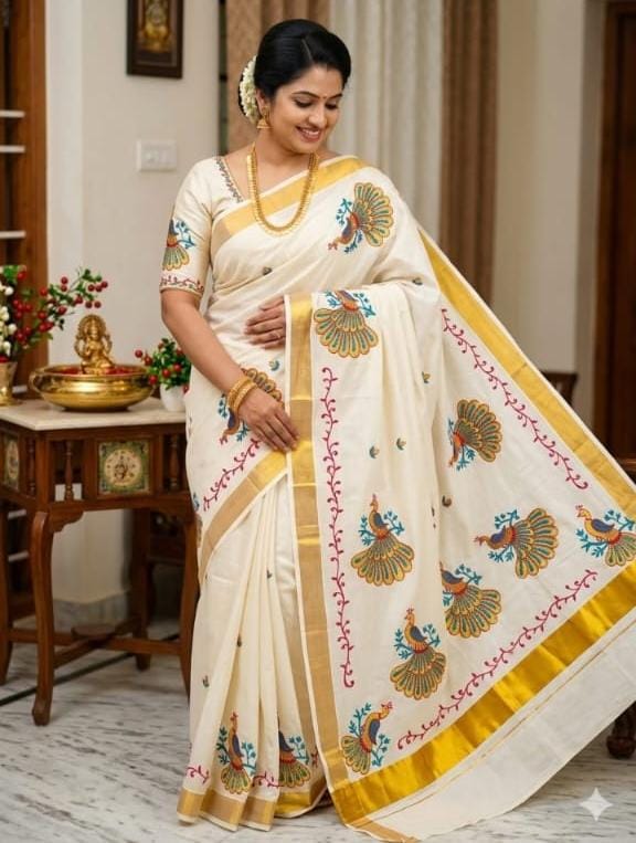 Kerala Saree with Embroidery in 
Golden Zari