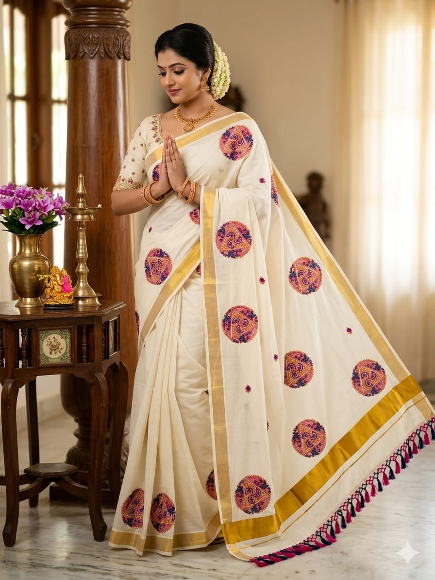 Kerala Saree with Embroidery in 
Golden Zari