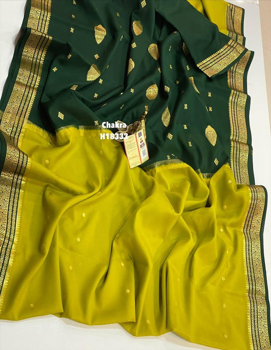 Pure Mysore Binny Crape Silk Sarees - Premium Mysore Crape Silk Saree with Butties Woven - Contrast Zari Border Both Side - Rich Pallu with Thilakam Weaving - Contrast Blouse - Silk Mark Certified