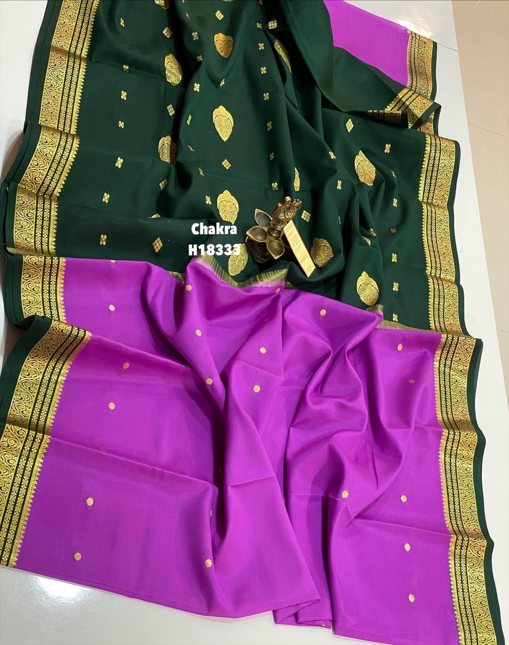Pure Mysore Binny Crape Silk Sarees - Premium Mysore Crape Silk Saree with Butties Woven - Contrast Zari Border Both Side - Rich Pallu with Thilakam Weaving - Contrast Blouse - Silk Mark Certified