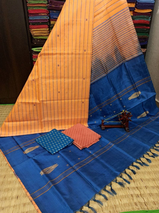 Pure Vazhaipattu Silk Saree - Banana Pith Silk Saree with Contrast Pallu & Blouse - Handloom Eco-Friendly