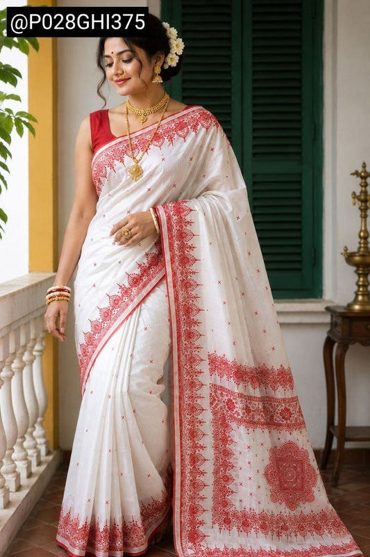Durga Puja Special White and Red Border Sarees - Bengali Traditional Lal Paar Saree - White Saree with Red Border - Bulk Bookings Accepted for Events, Groups & Dance - Durga Puja 2026 Collection
