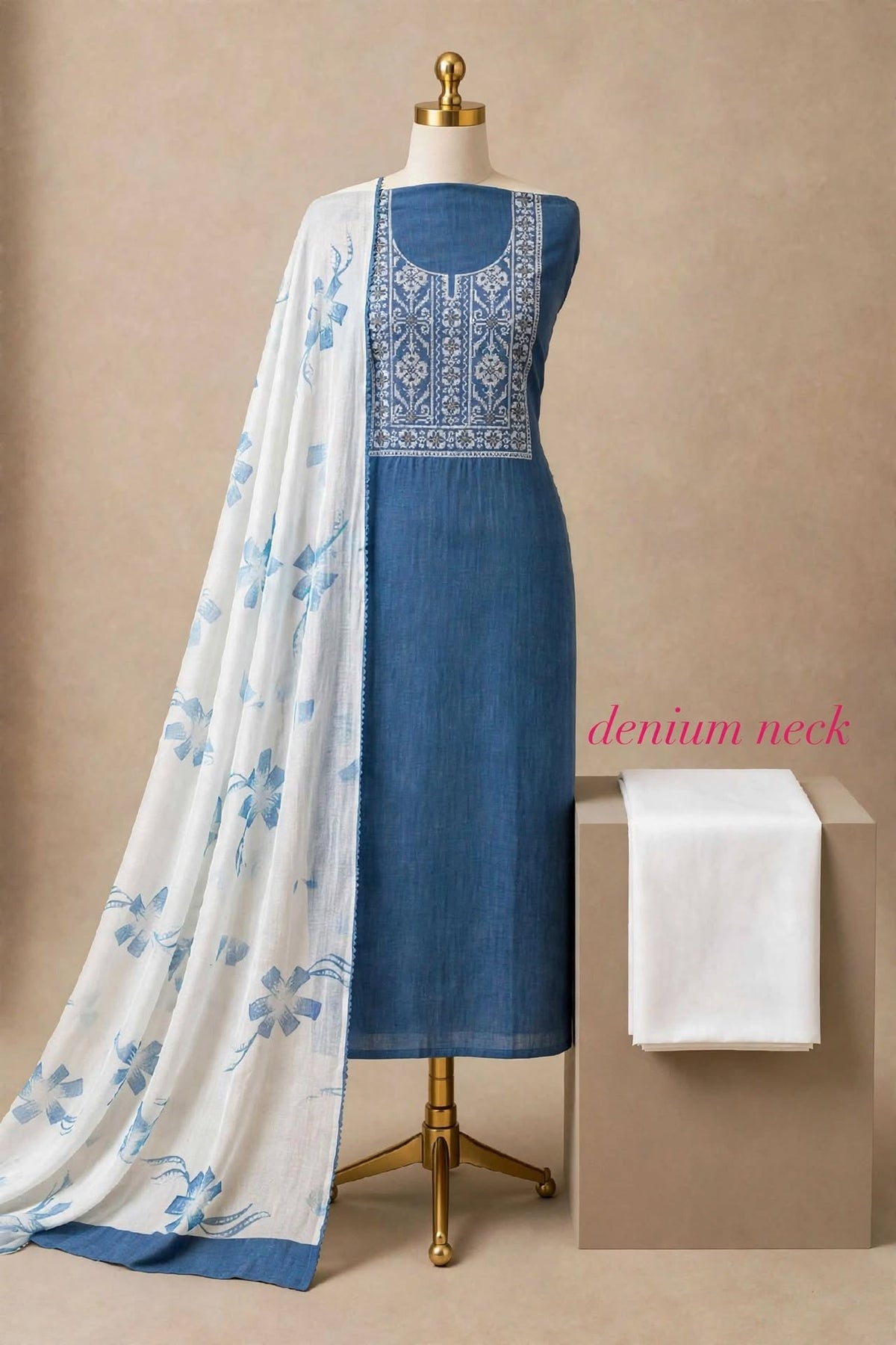 Denim Cotton Neck Embroidery Dress Material with Chiffon Dupatta Baras Print - For Daily, Office & Summer Wear