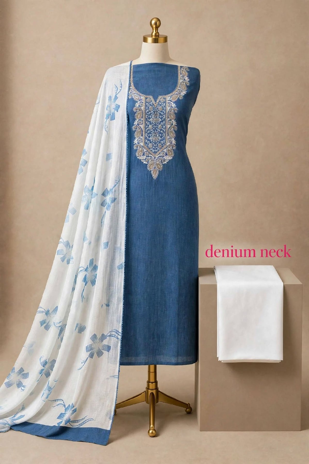 Denim Cotton Neck Embroidery Dress Material with Chiffon Dupatta Baras Print - For Daily, Office & Summer Wear