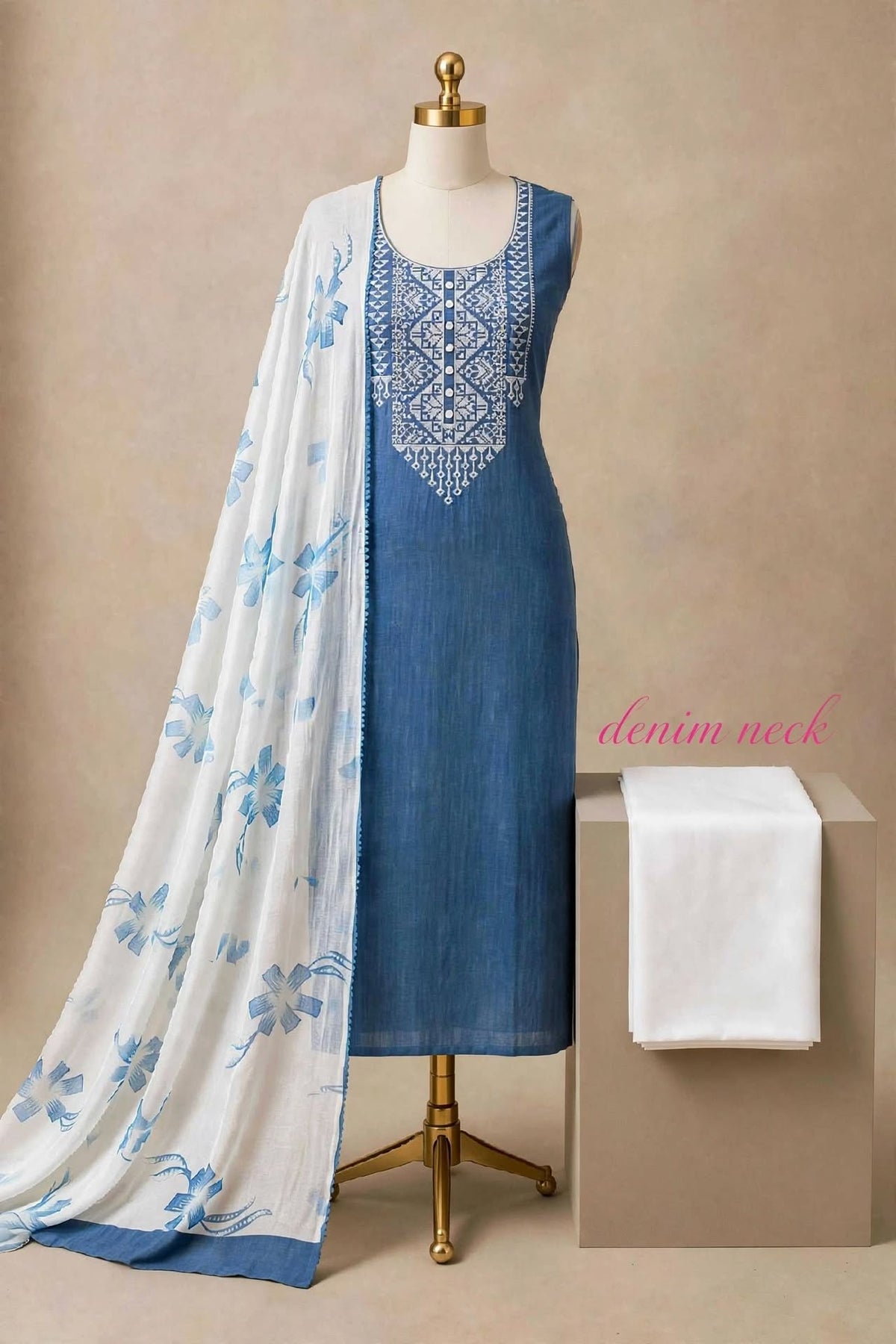 Denim Cotton Neck Embroidery Dress Material with Chiffon Dupatta Baras Print - For Daily, Office & Summer Wear