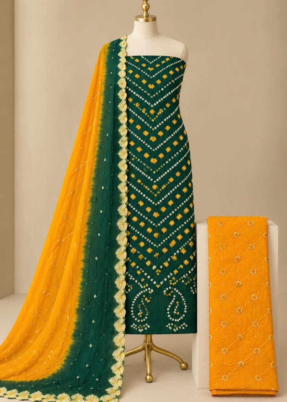 Pure Cotton Hand Bandhani Dress Material - Handmade Bandhej Bandhani Work - Soft Breathable Cotton Dress Material - For Summer, Office & Daily Wear - Unstitched Salwar Suit