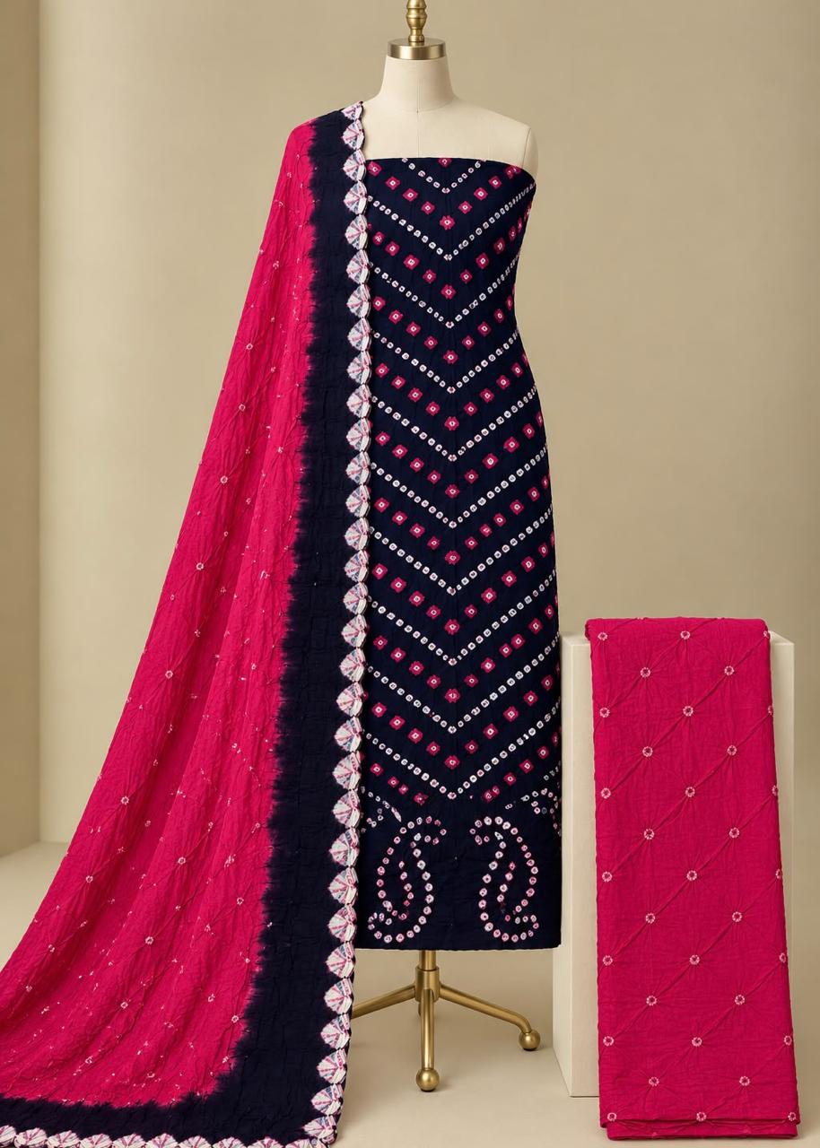 Pure Cotton Hand Bandhani Dress Material - Handmade Bandhej Bandhani Work - Soft Breathable Cotton Dress Material - For Summer, Office & Daily Wear - Unstitched Salwar Suit