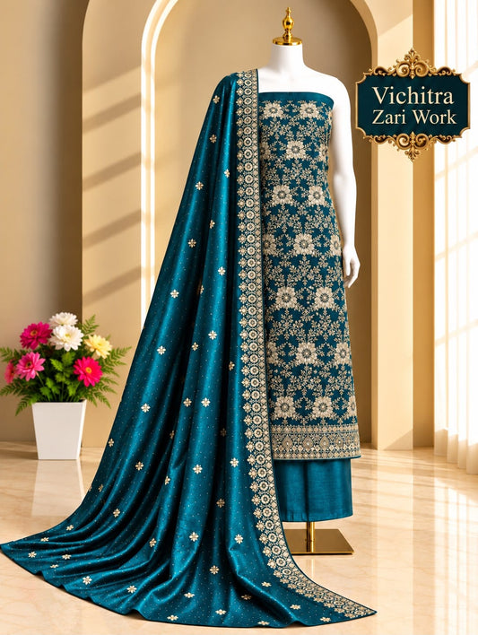 Premium Roman Silk Suit Materials - Designer Embroidered Dress Materials - Party Wear Salwar Suit Material - For Festive & Wedding Wear