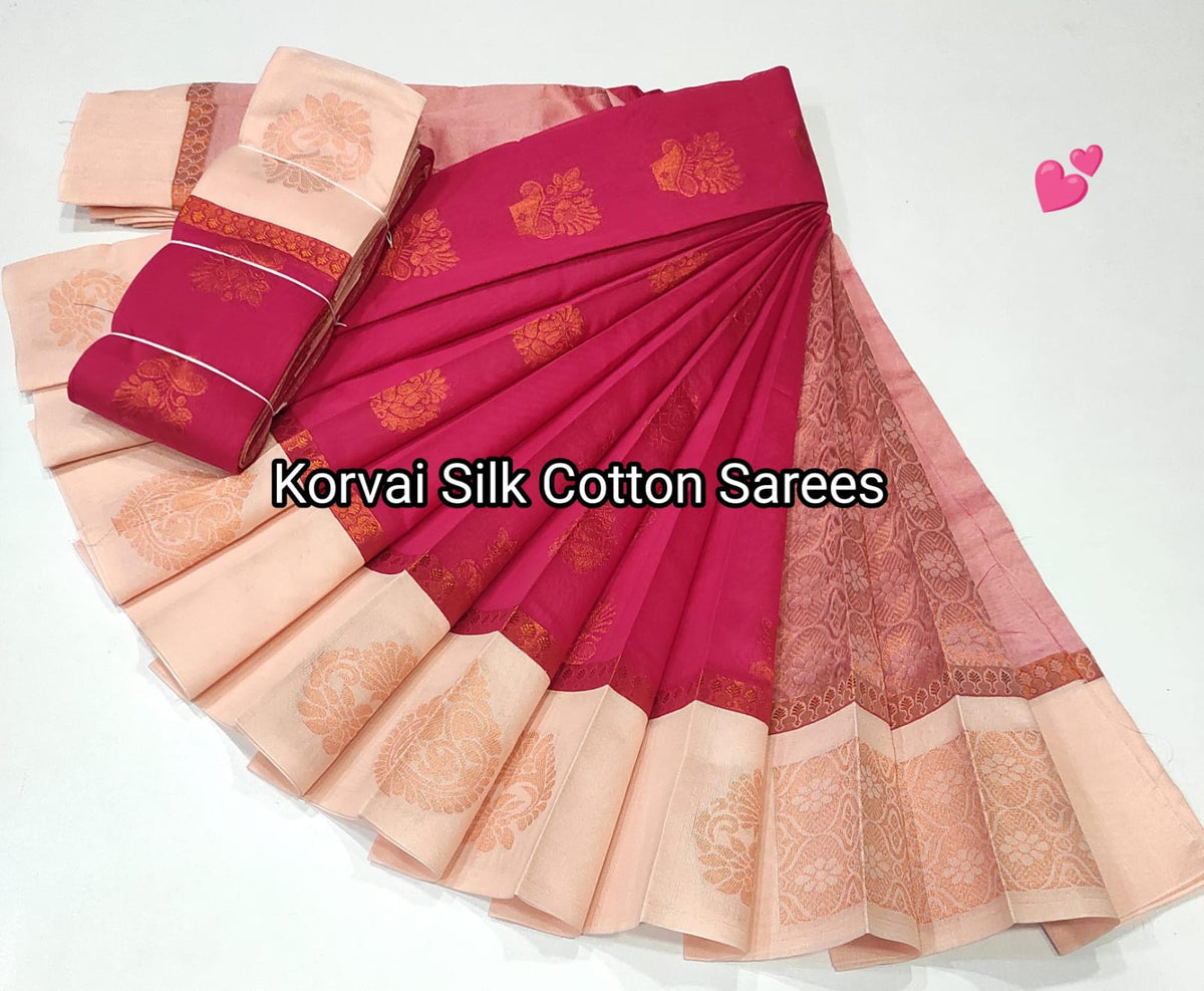Korvai Silk Cotton Sarees Collections - Traditional Kanchi Korvai Silk Cotton Saree - Contrast Korvai Border - Silk Cotton Body with Rich Zari Pallu