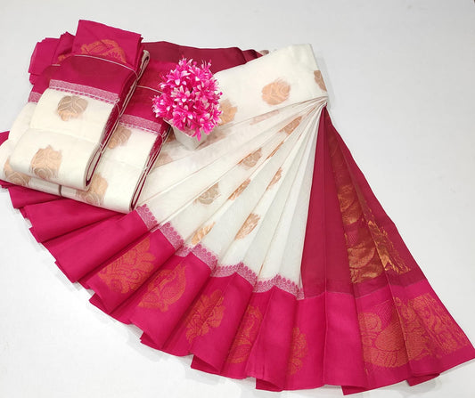 Korvai Silk Cotton Sarees Collections - Traditional Kanchi Korvai Silk Cotton Saree - Contrast Korvai Border - Silk Cotton Body with Rich Zari Pallu