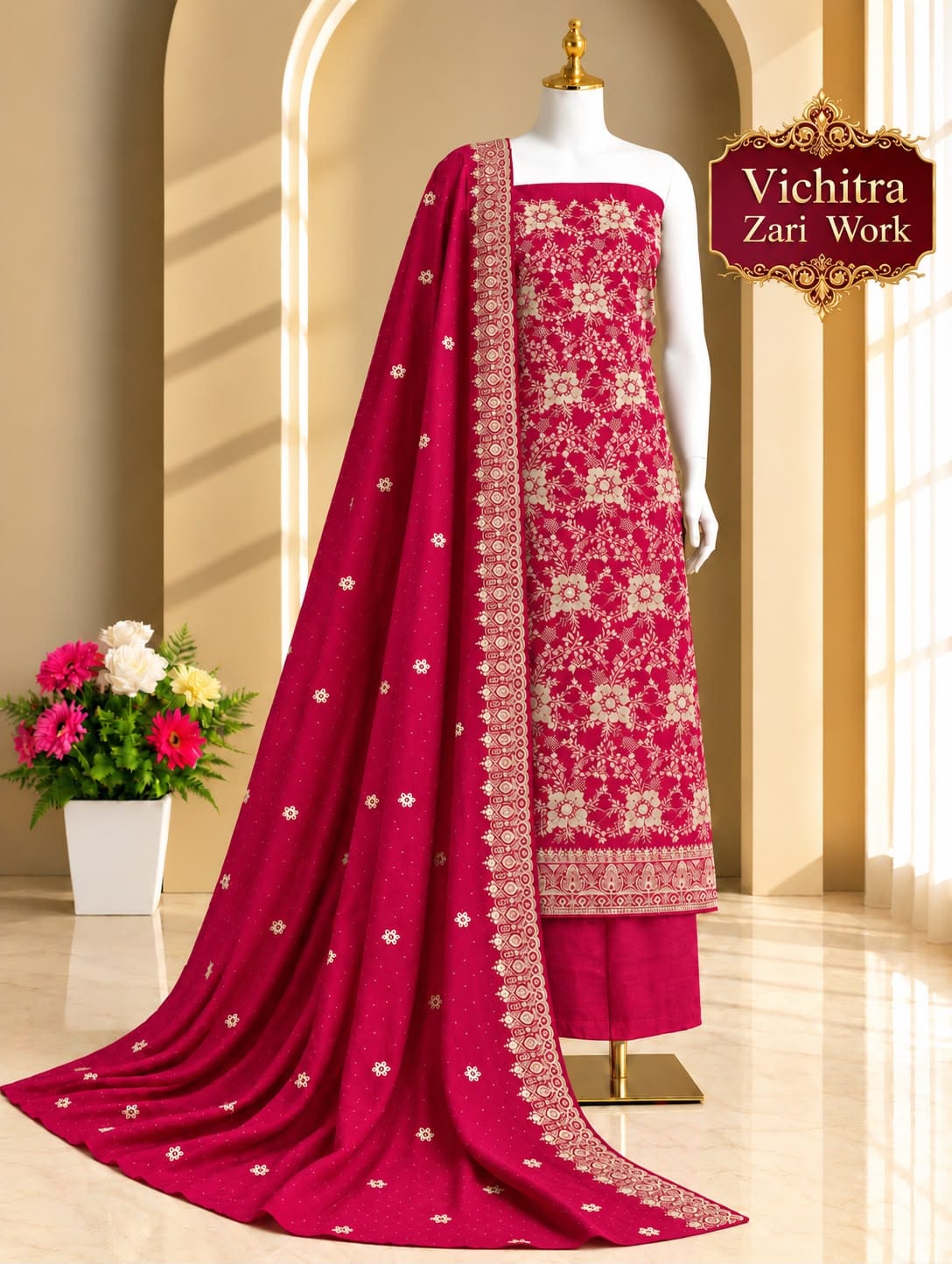 Premium Roman Silk Suit Materials - Designer Embroidered Dress Materials - Party Wear Salwar Suit Material - For Festive & Wedding Wear