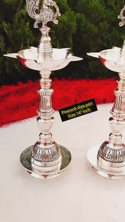 German Silver Peacock Diya Pair