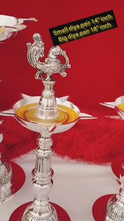 German Silver Peacock Diya Pair