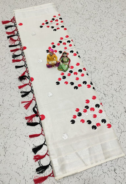 Kerala Saree with Embroidery in Silver Zari