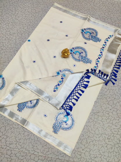 Kerala Saree with Embroidery in Silver Zari